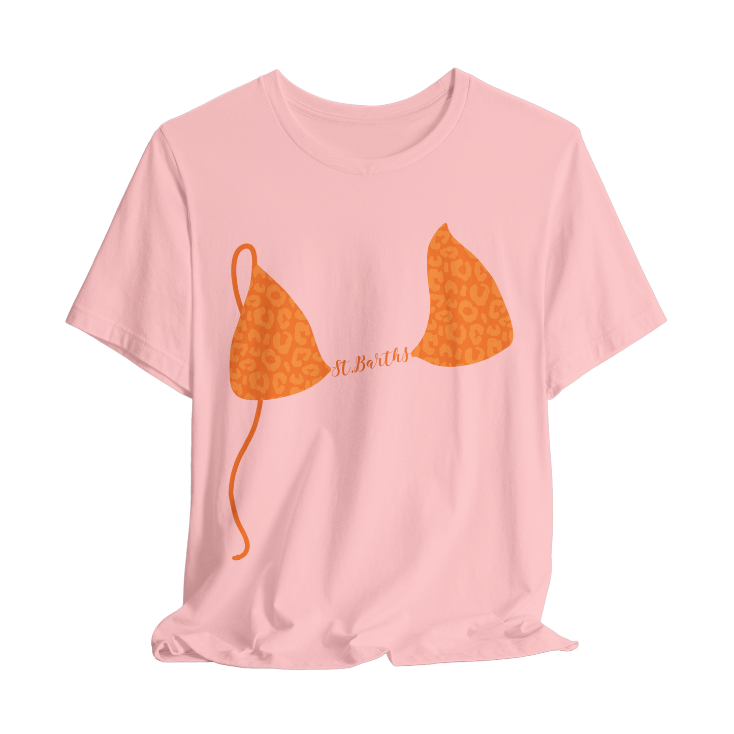 Pink personalized t-shirt with orange leopard bikini design on a white background with custom name