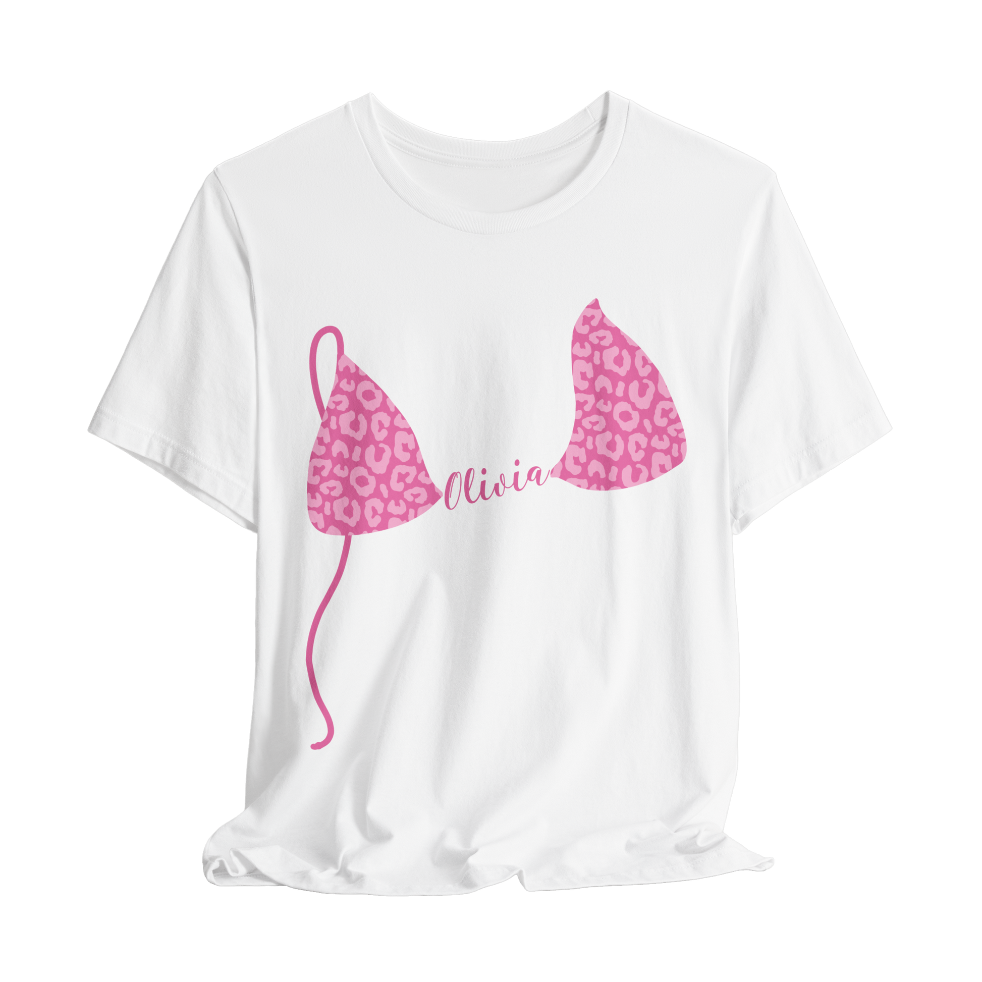 White graphic t-shirt with pink leopard print bikini top and custom text on a white background
