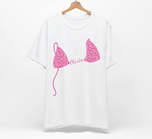 Bikini Top T-Shirt, Pink Leopard Print, Personalized