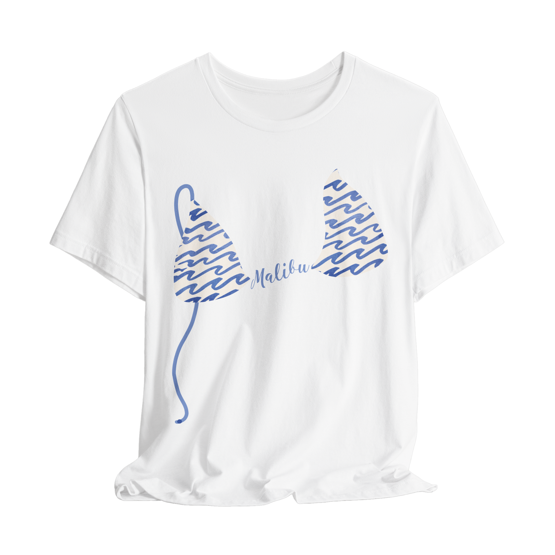 Women's graphic tshirt with blue wavy stripe bikini top print and custom name