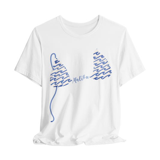 Women's graphic tshirt with blue wavy stripe bikini top print and custom name