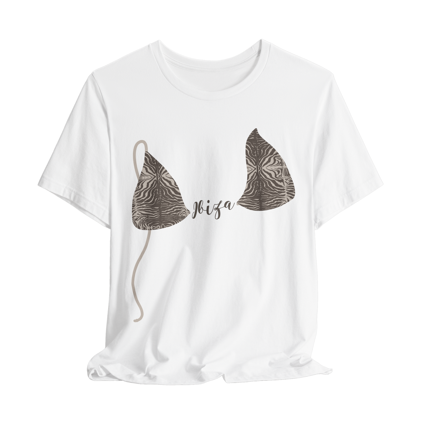 White graphic t-shirt with zebra print bikini top and custom text on a white background