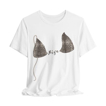 White graphic t-shirt with zebra print bikini top and custom text on a white background