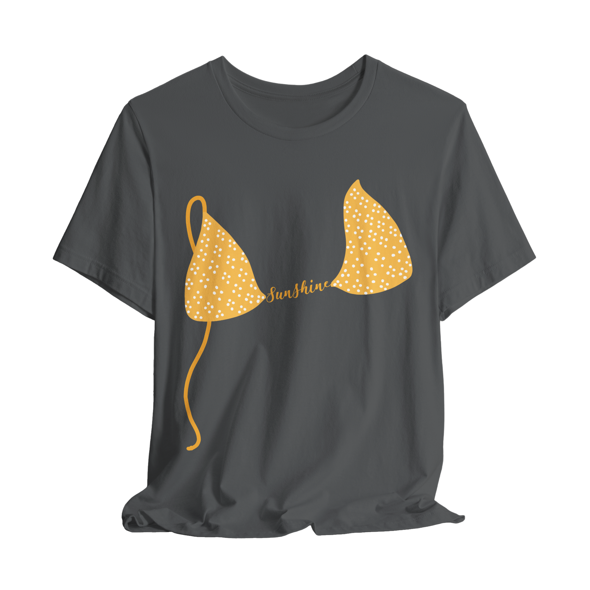 Gray t-shirt with yellow bikini top graphic and 'Sunshine' text on a white background
