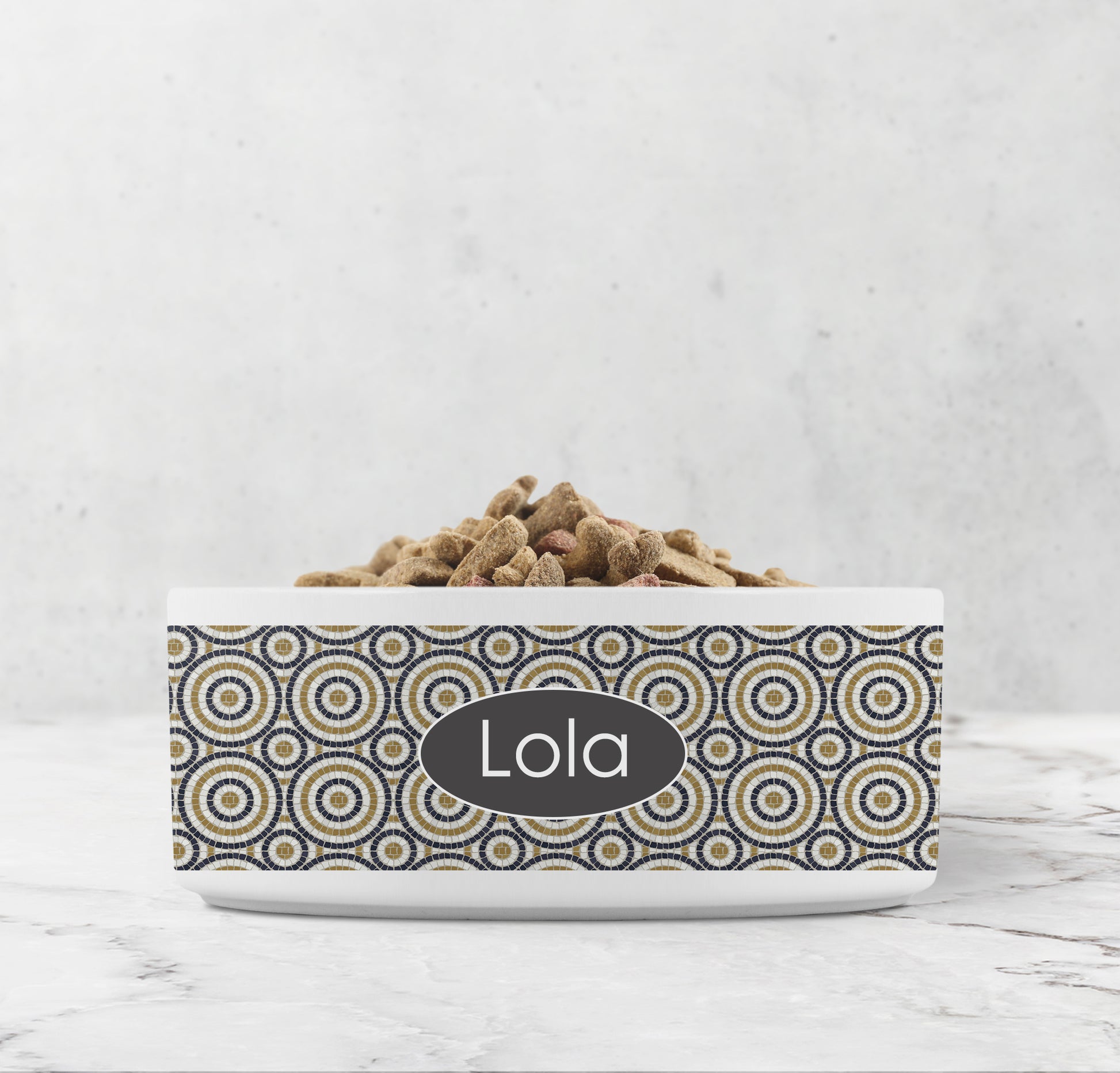 Circular pattern bistro tile ceramic dog bowl.