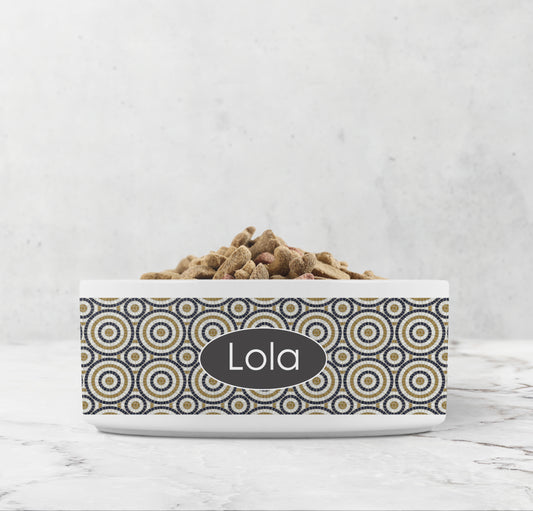 Circular pattern bistro tile ceramic dog bowl.