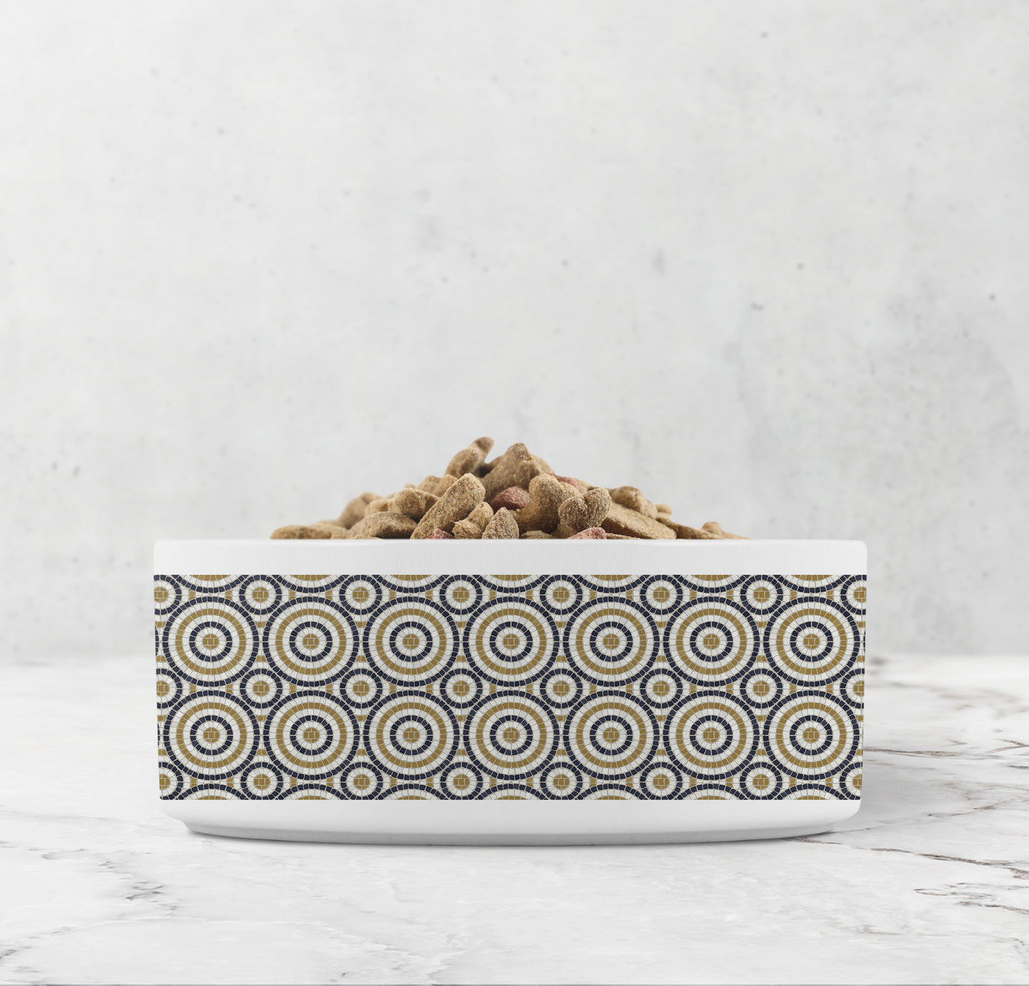 Bistro tiles in a circular pattern are printed onto a white ceramic dog bowl.