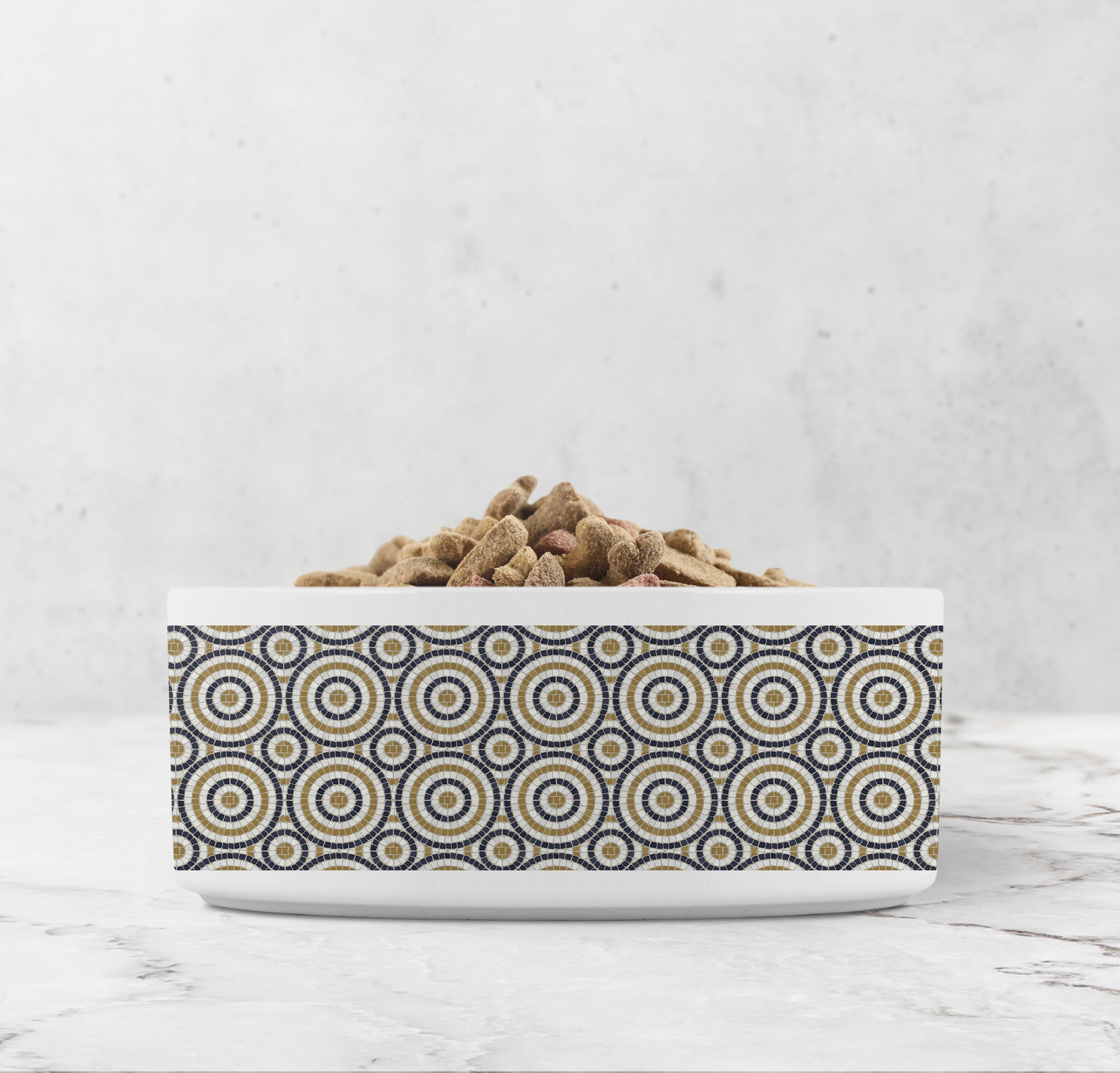 Bistro tiles in a circular pattern are printed onto a white ceramic dog bowl.