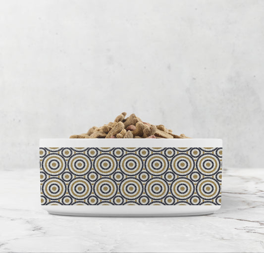 Bistro tiles in a circular pattern are printed onto a white ceramic dog bowl.