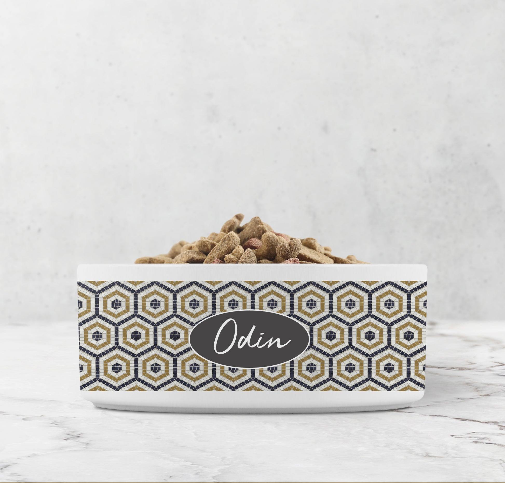 Mosaic bistro tile hexagon patterned dog bowl personalized with any text.