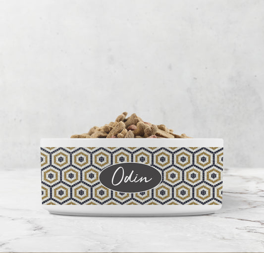 Mosaic bistro tile hexagon patterned dog bowl personalized with any text.