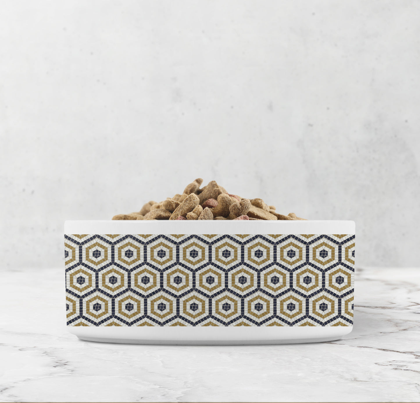 Hexagon patterned mosaic tile print ceramic pet bowl.