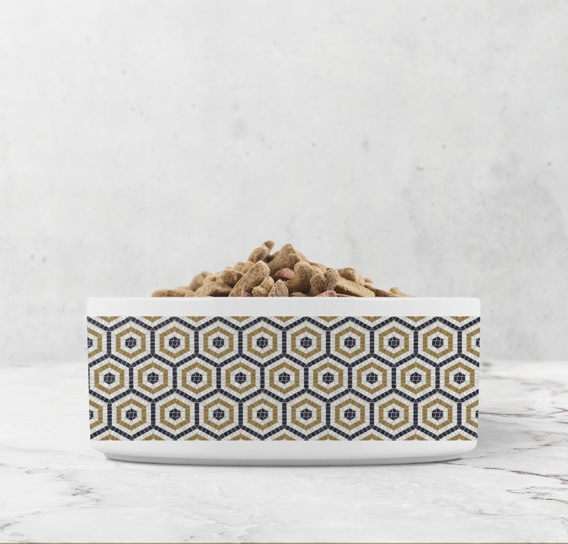 Hexagon patterned mosaic tile print ceramic pet bowl.