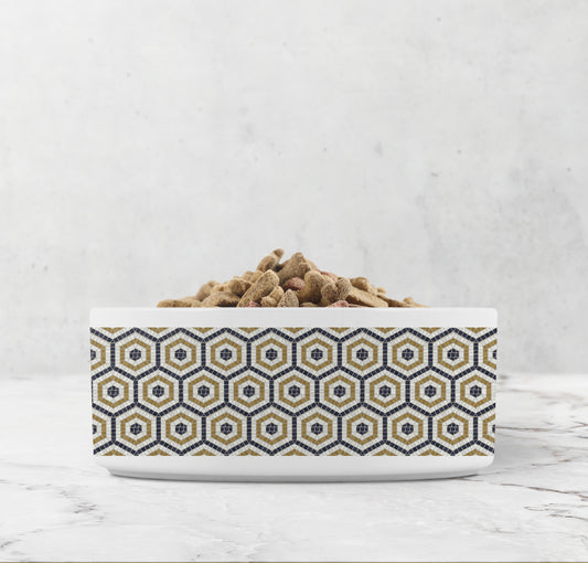 Hexagon patterned mosaic tile print ceramic pet bowl.