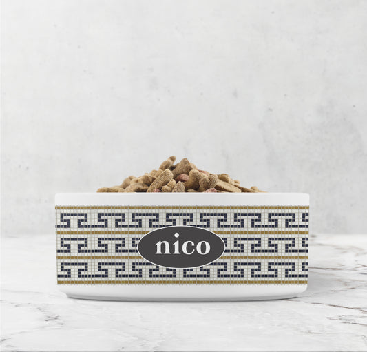 Mosaic bistro tile print with stepped fret pattern is printed on a ceramic dog bowl.