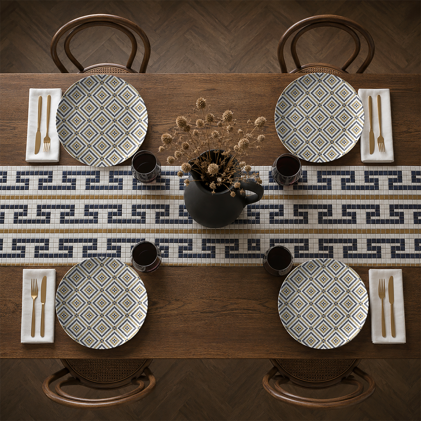 Mosaic Bistro Tile Table Runner, Stepped Fret Pattern, 16" x 90"