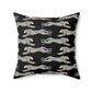 Black square throw pillow with off-white leaping cheetahs