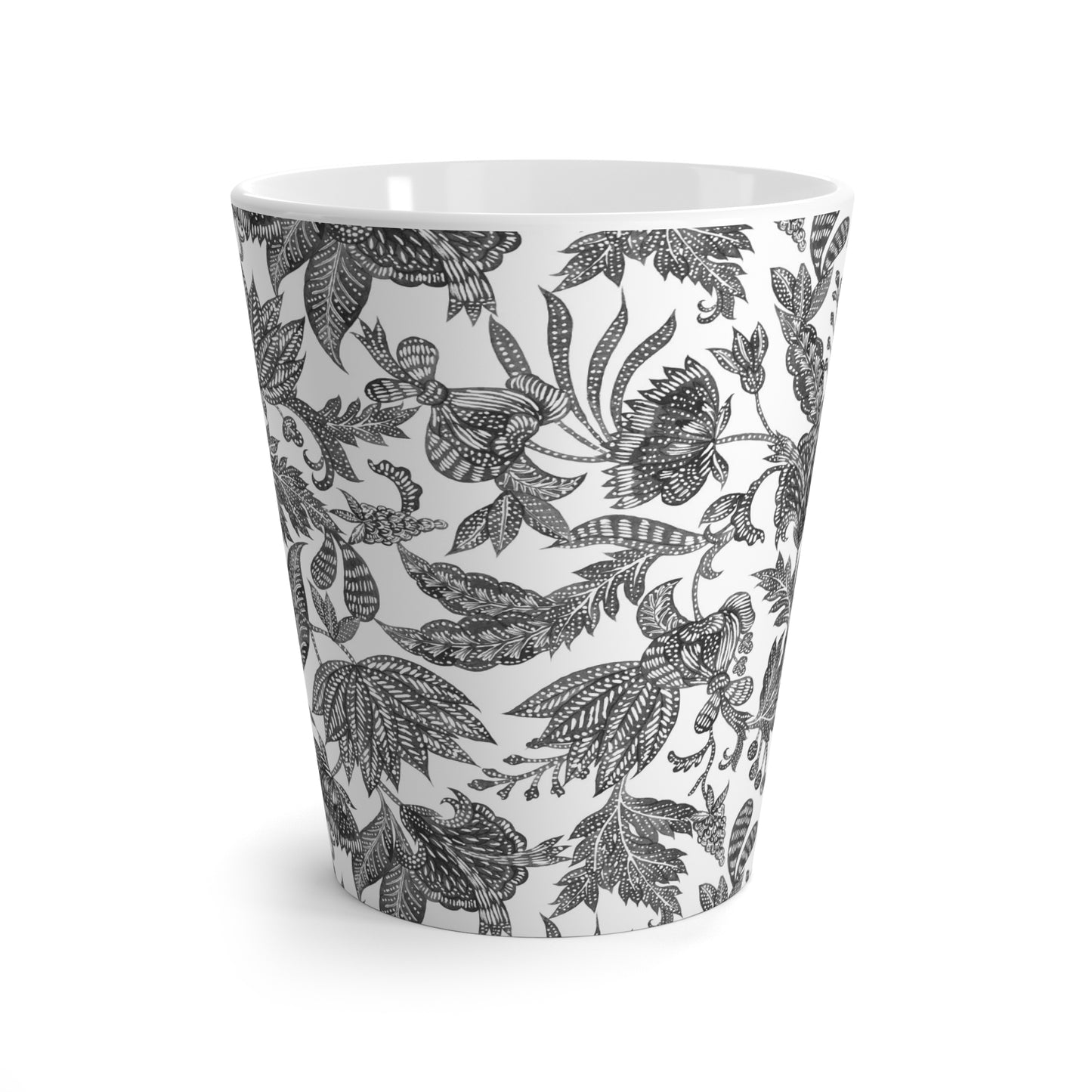 Black & White Floral Batik Ceramic Mug - 12oz Latte Mug