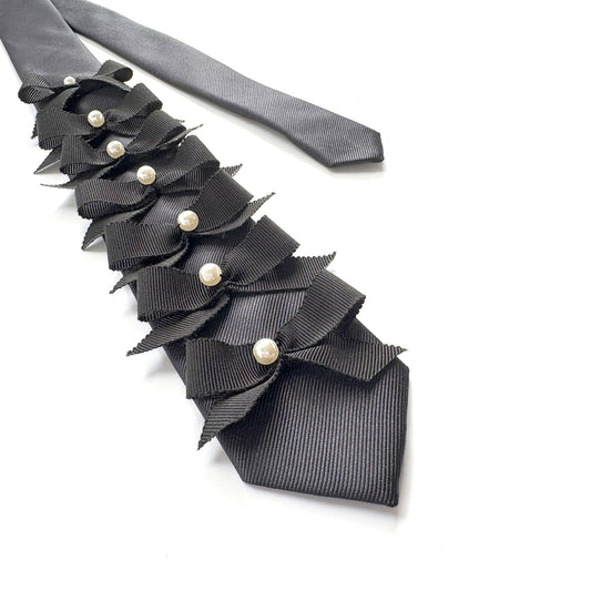 Unisex Black Skinny Necktie – Hand-Embellished with Grosgrain Ribbon Bows & Pearl Beads