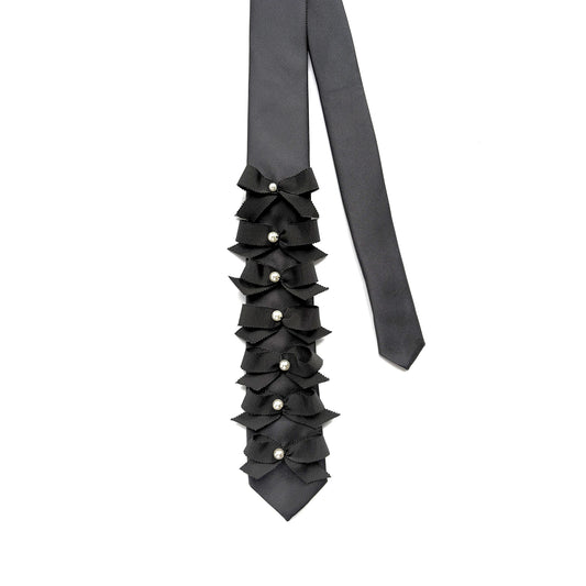 Unisex Black Skinny Necktie – Hand-Embellished with Grosgrain Ribbon Bows & Pearl Beads