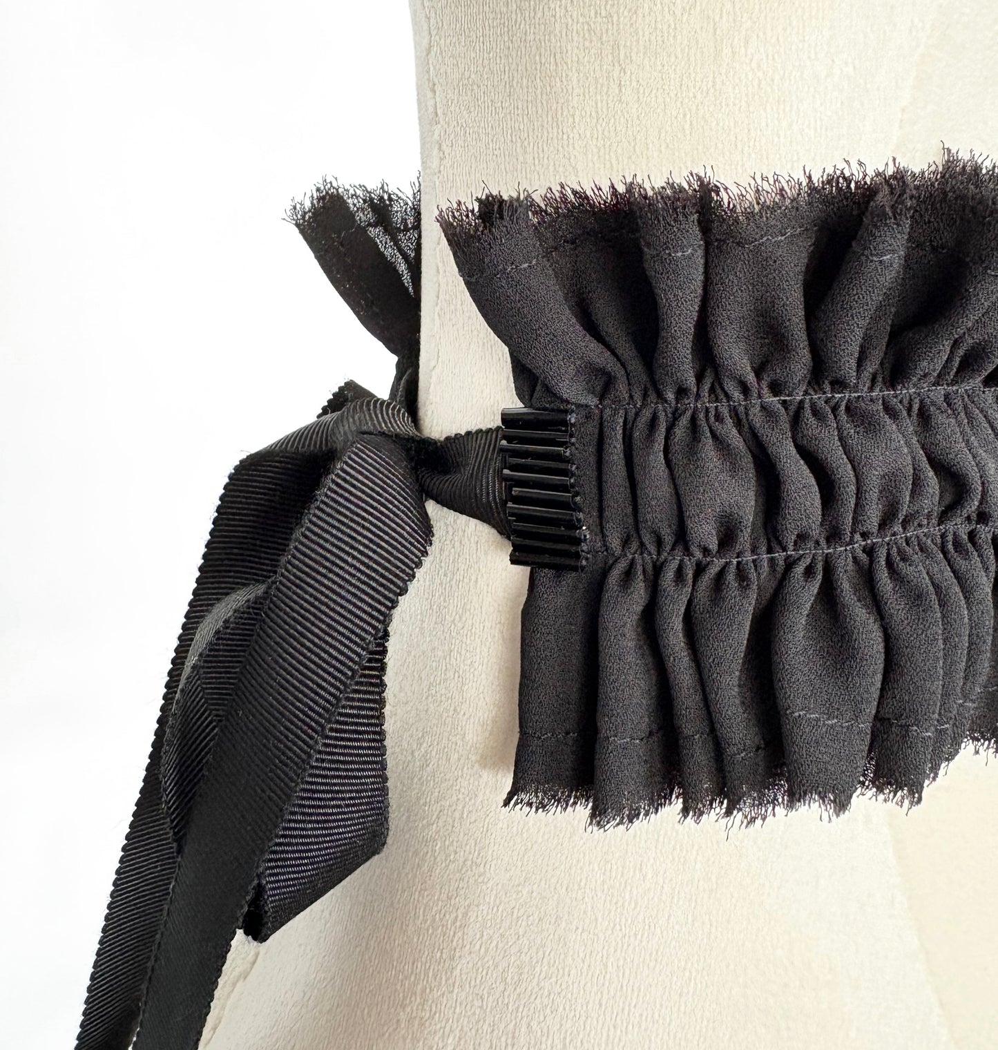 Black Ruffled Collar Choker with Ribbon Ties & Beads, Handmade