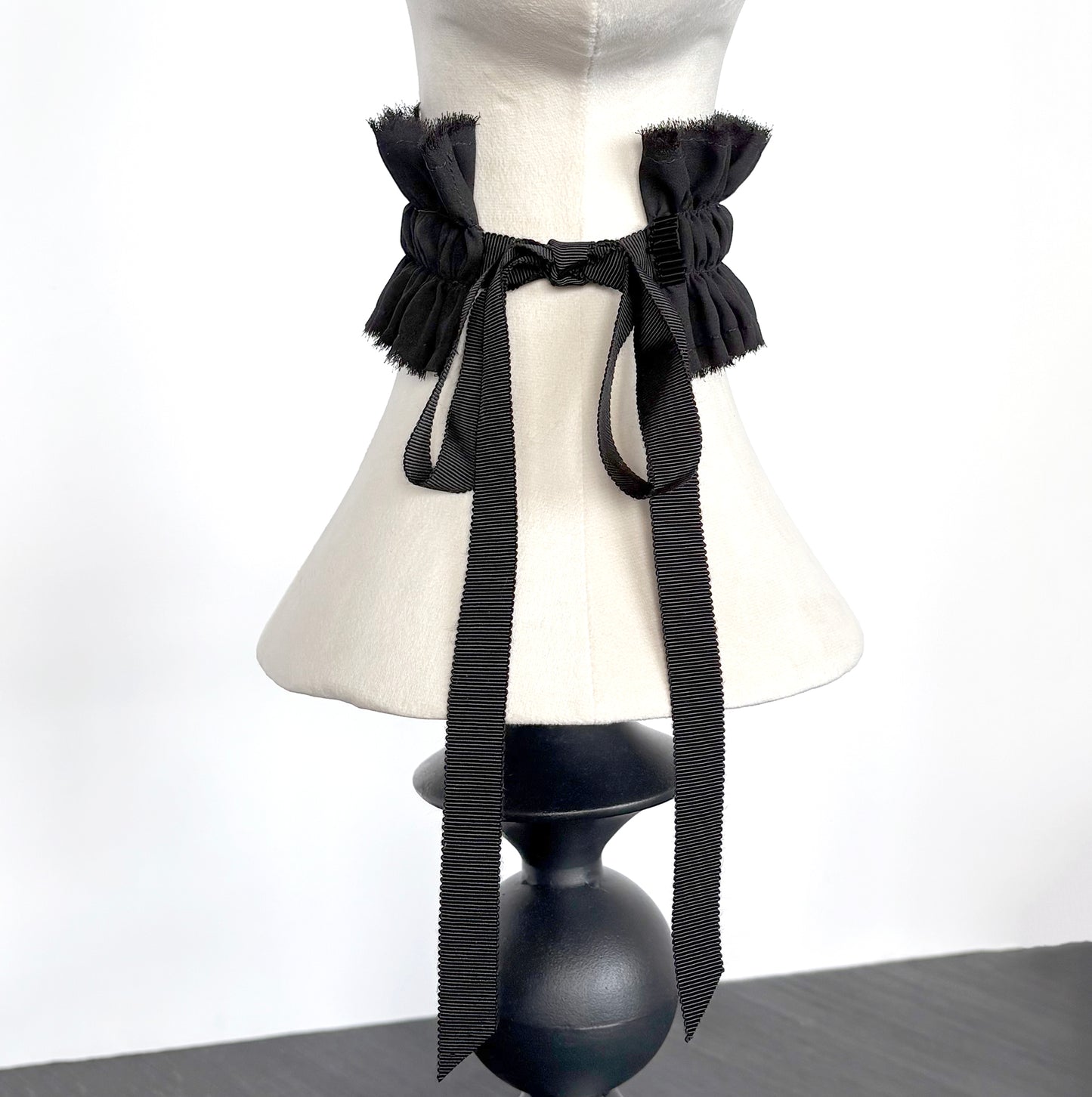 Black Ruffled Collar Choker with Ribbon Ties & Beads, Handmade