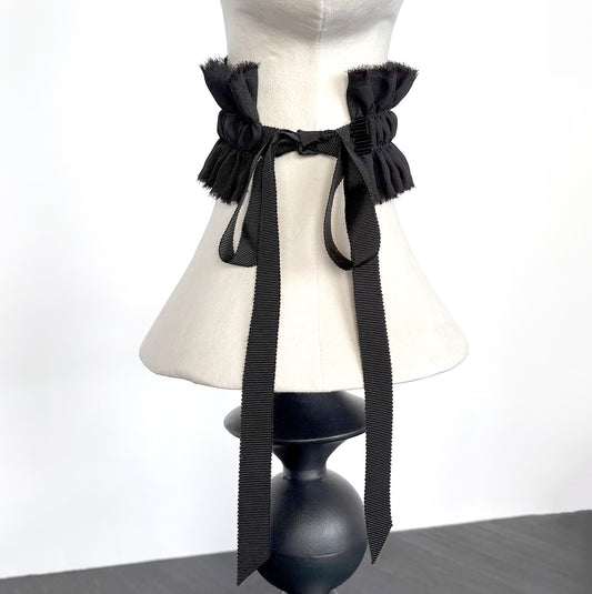 Black Ruffled Collar Choker with Ribbon Ties & Beads, Handmade