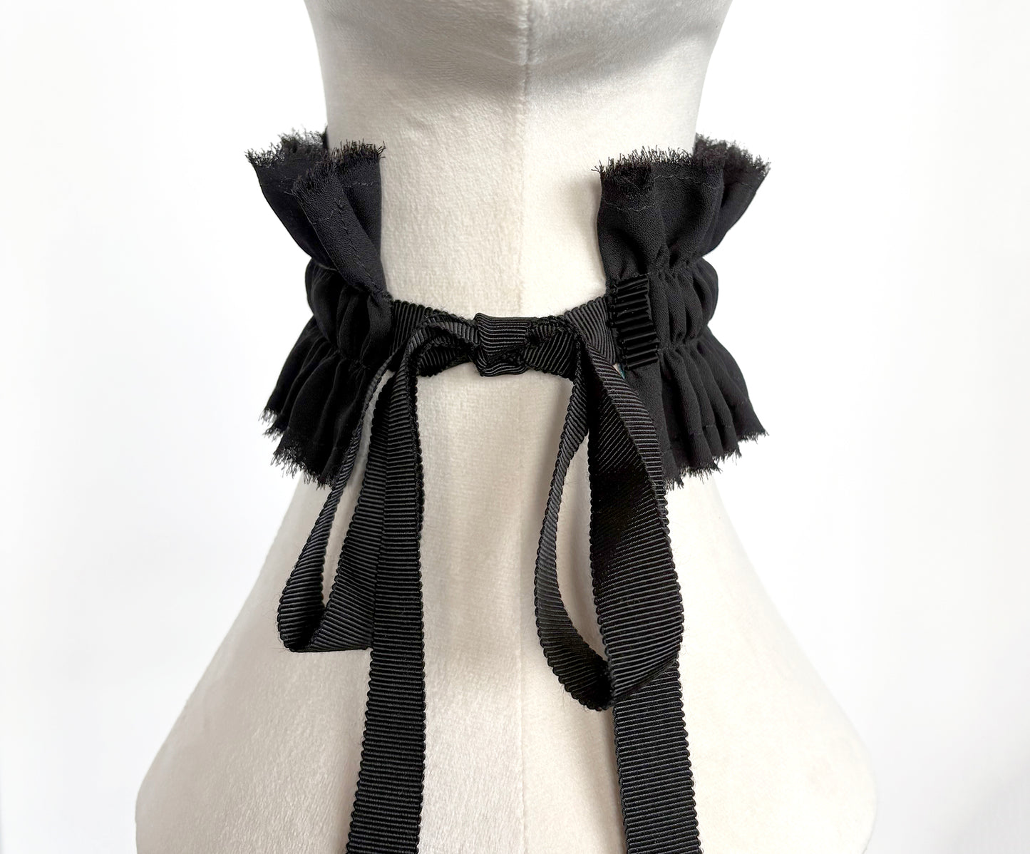 Black Ruffled Collar Choker with Ribbon Ties & Beads, Handmade