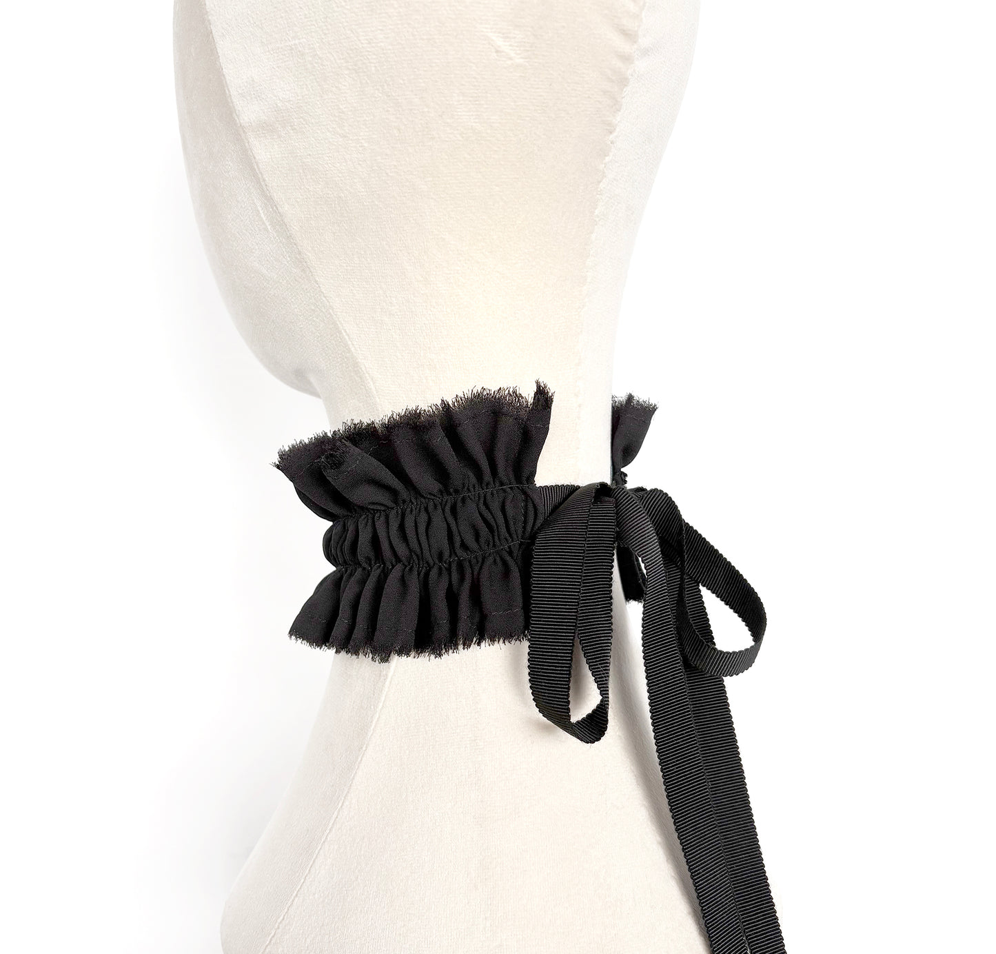 Black Ruffled Collar Choker with Ribbon Ties & Beads, Handmade