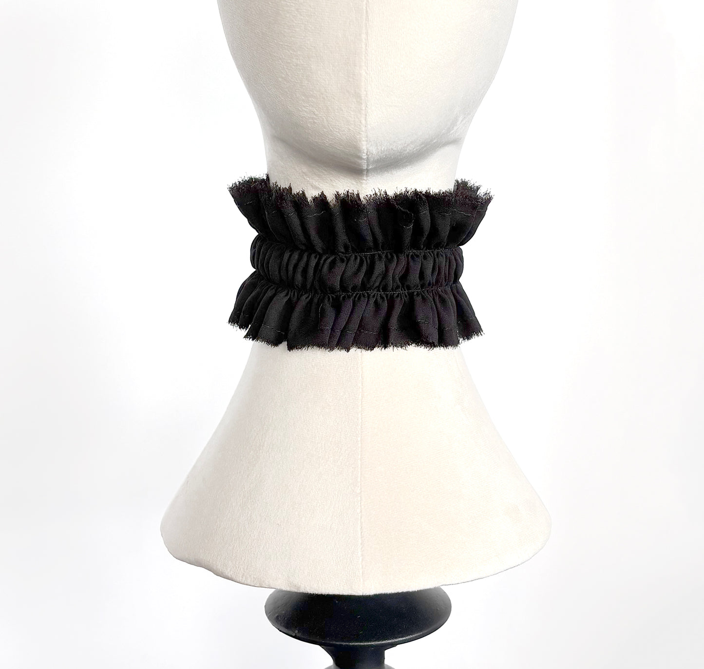 Black Ruffled Collar Choker with Ribbon Ties & Beads, Handmade