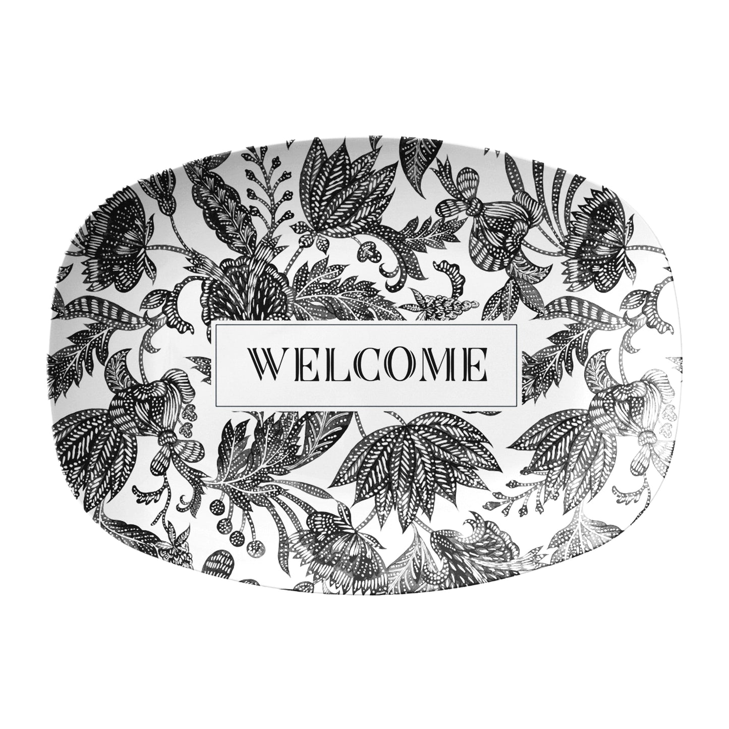 Decorative serving platter tray with black floral batik pattern and 'WELCOME' custom text on a white background