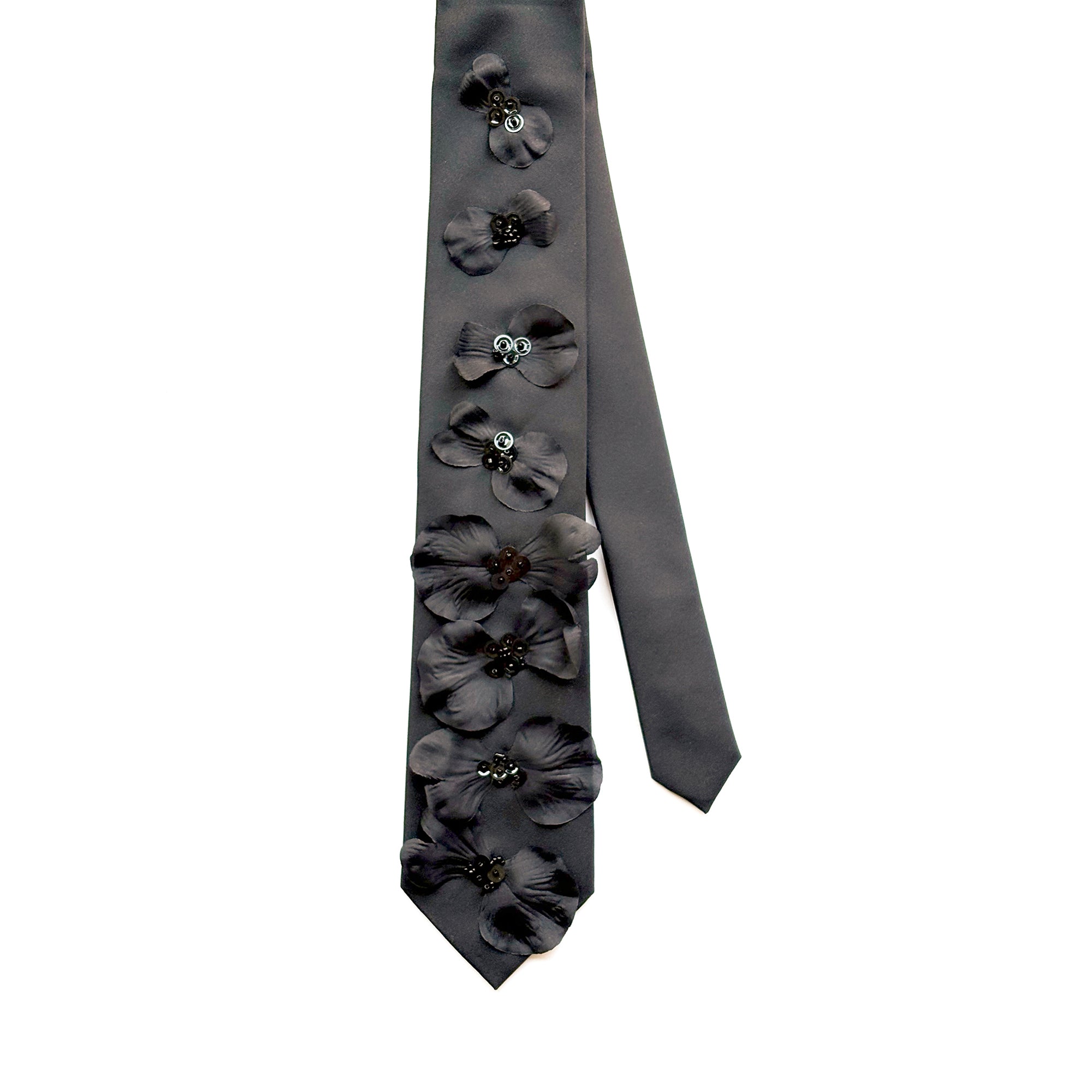 Upcycled Black Embellished Necktie, Handmade Floral Petal Tie w/ Beads ...