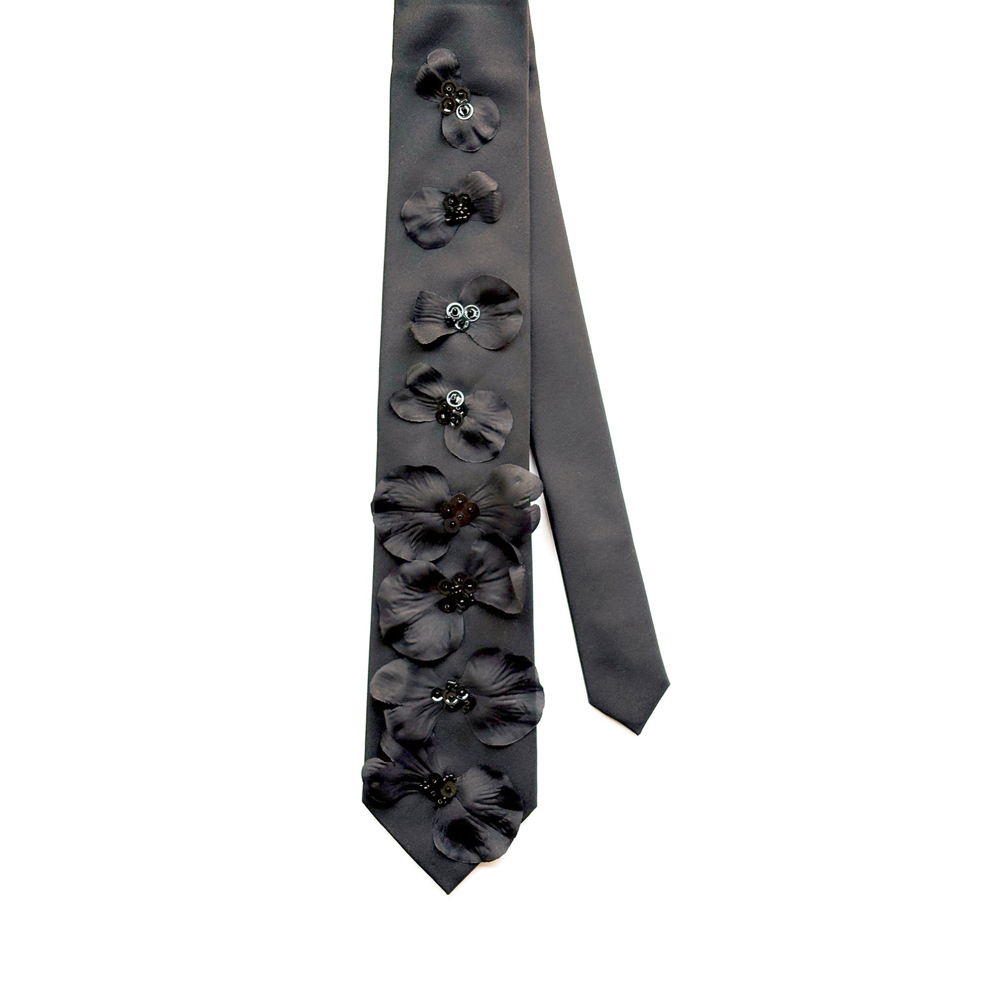 Embellished Black Necktie with black fabric flower petals, sequins and beads