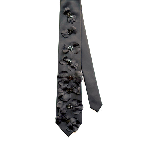 Embellished Black Necktie with black fabric flower petals, sequins and beads