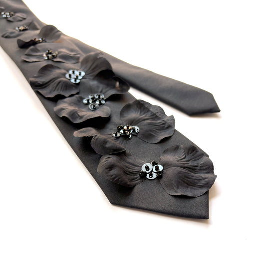 Embellished Black Necktie with black fabric flower petals, sequins and beads