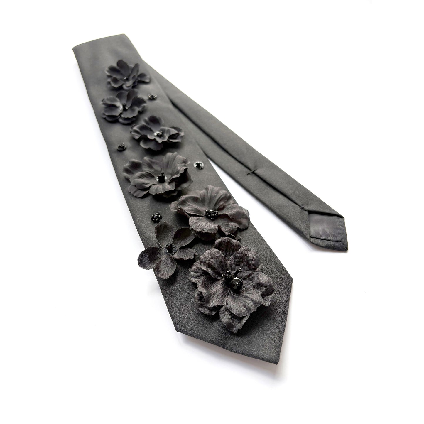 "Noir Blooms” Upcycled Black Necktie – Hand-Embellished Beaded Sequin Flowers - Unisex