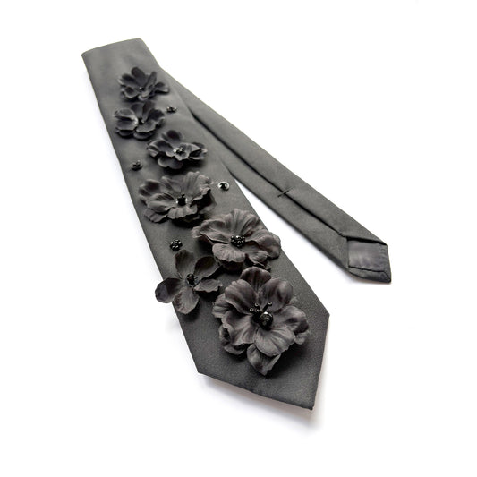 "Noir Blooms” Upcycled Black Necktie – Hand-Embellished Beaded Sequin Flowers - Unisex