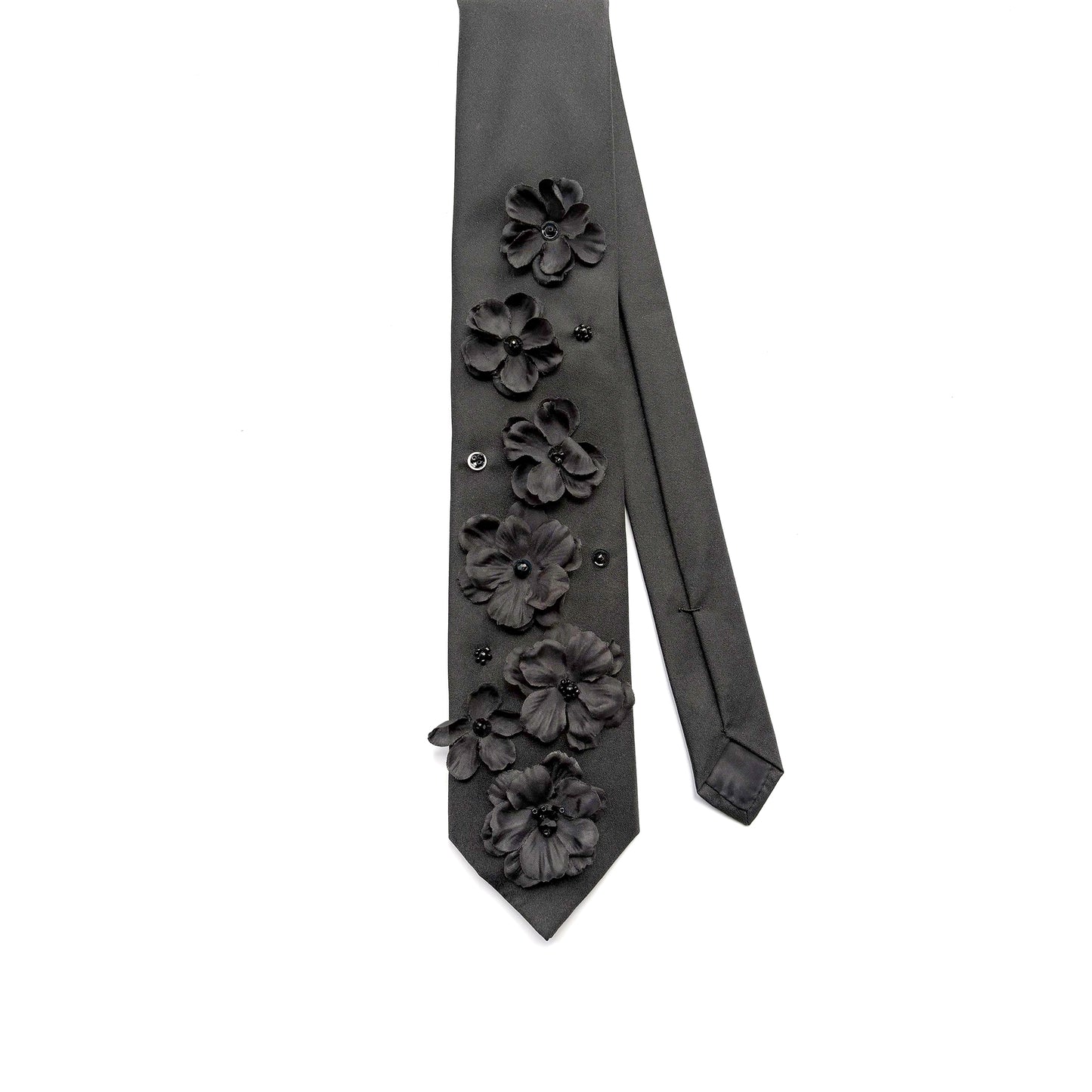 Upcycled Black Necktie with Black 3D Florals, Sequins & Beads