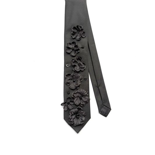 Upcycled Black Necktie with Black 3D Florals, Sequins & Beads