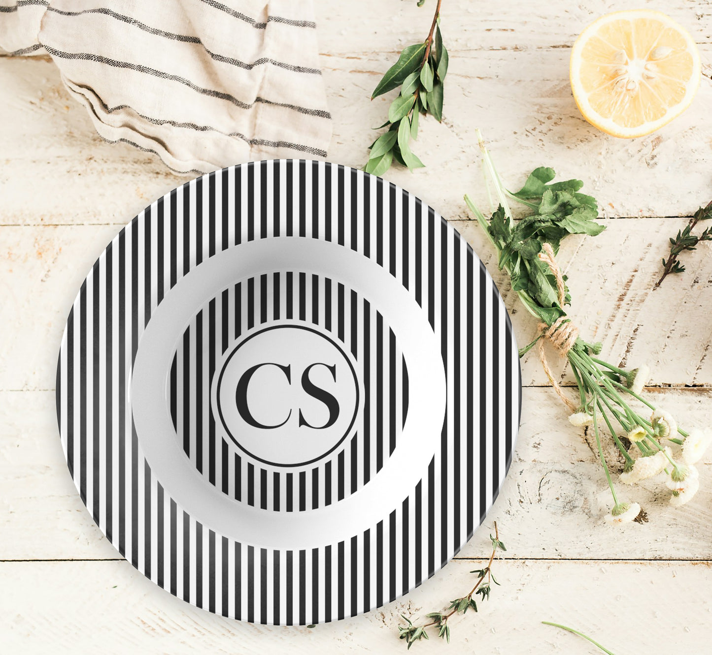 Personalized Gift Idea - Black & White Stripe Monogram Soup Bowl | Salad Bowl | Pasta Bowl featuring a classic canopy stripe pattern and monogram initials.