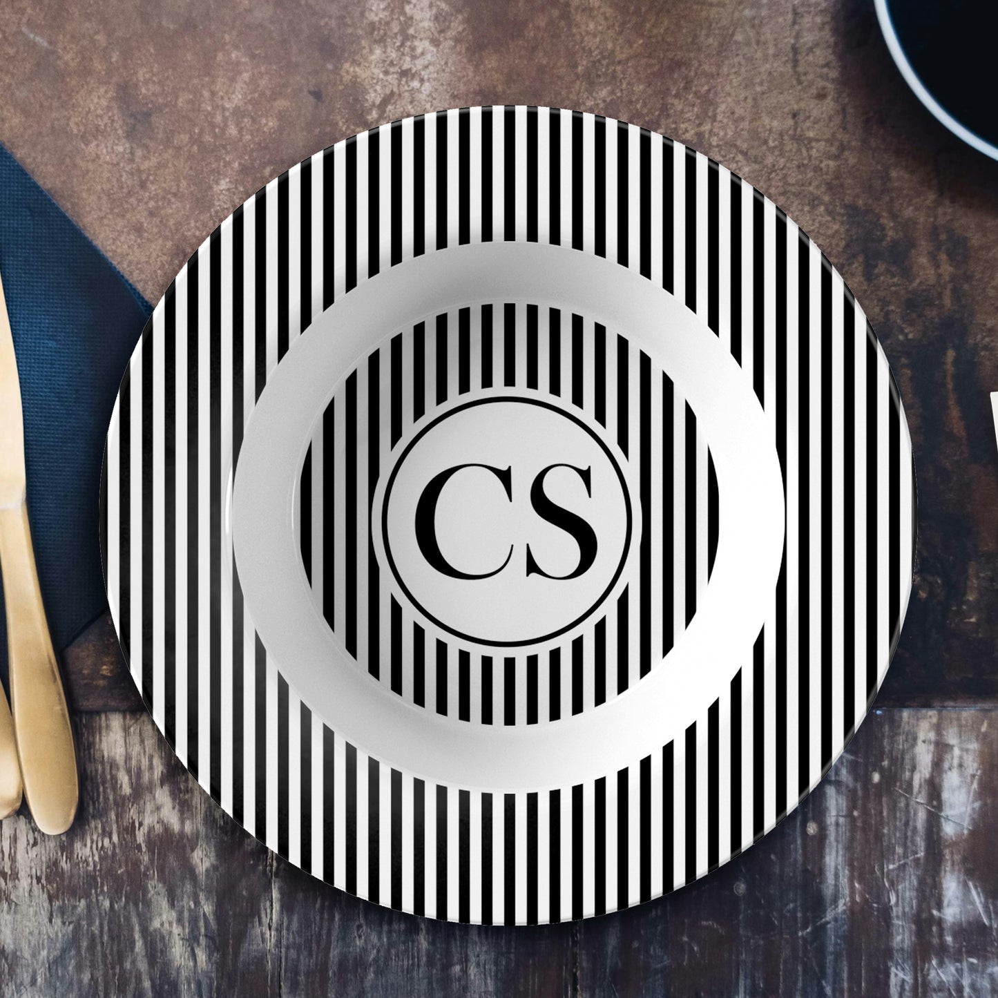 Personalized Black & White Stripe Monogram Soup Bowl | Salad Bowl | Pasta Bowl featuring a classic canopy stripe pattern and monogram initials.