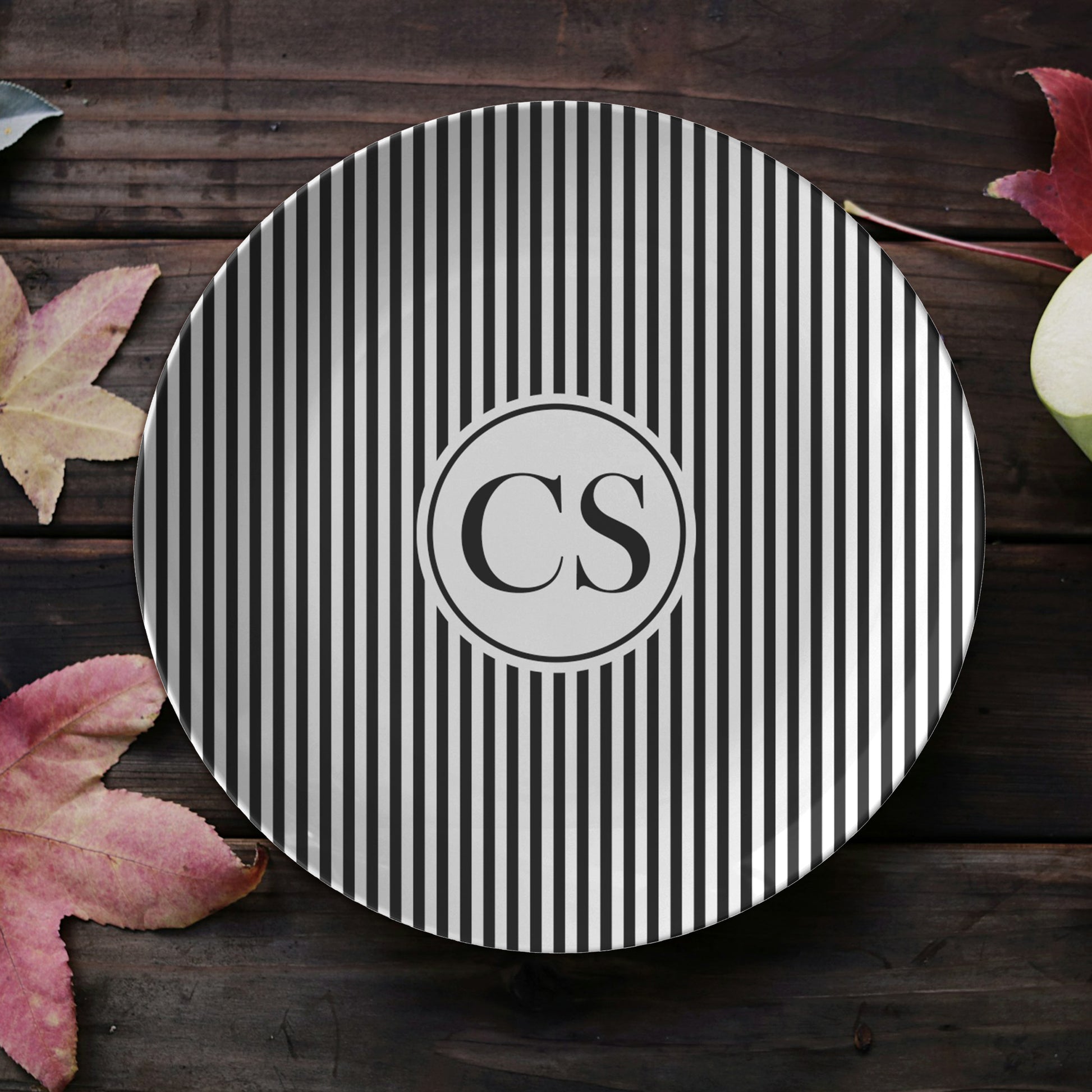 Black and White Stripe Monogrammed Plate featuring timeless stripes and custom monogram initials