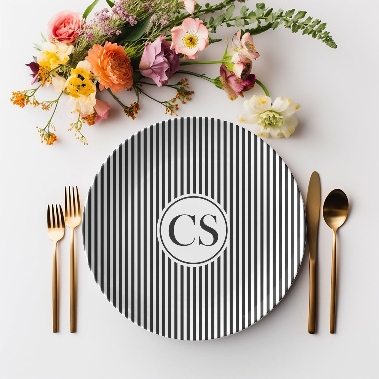 Personalized Black and White Stripe Monogram Plate Set featuring timeless stripes and monogram initials