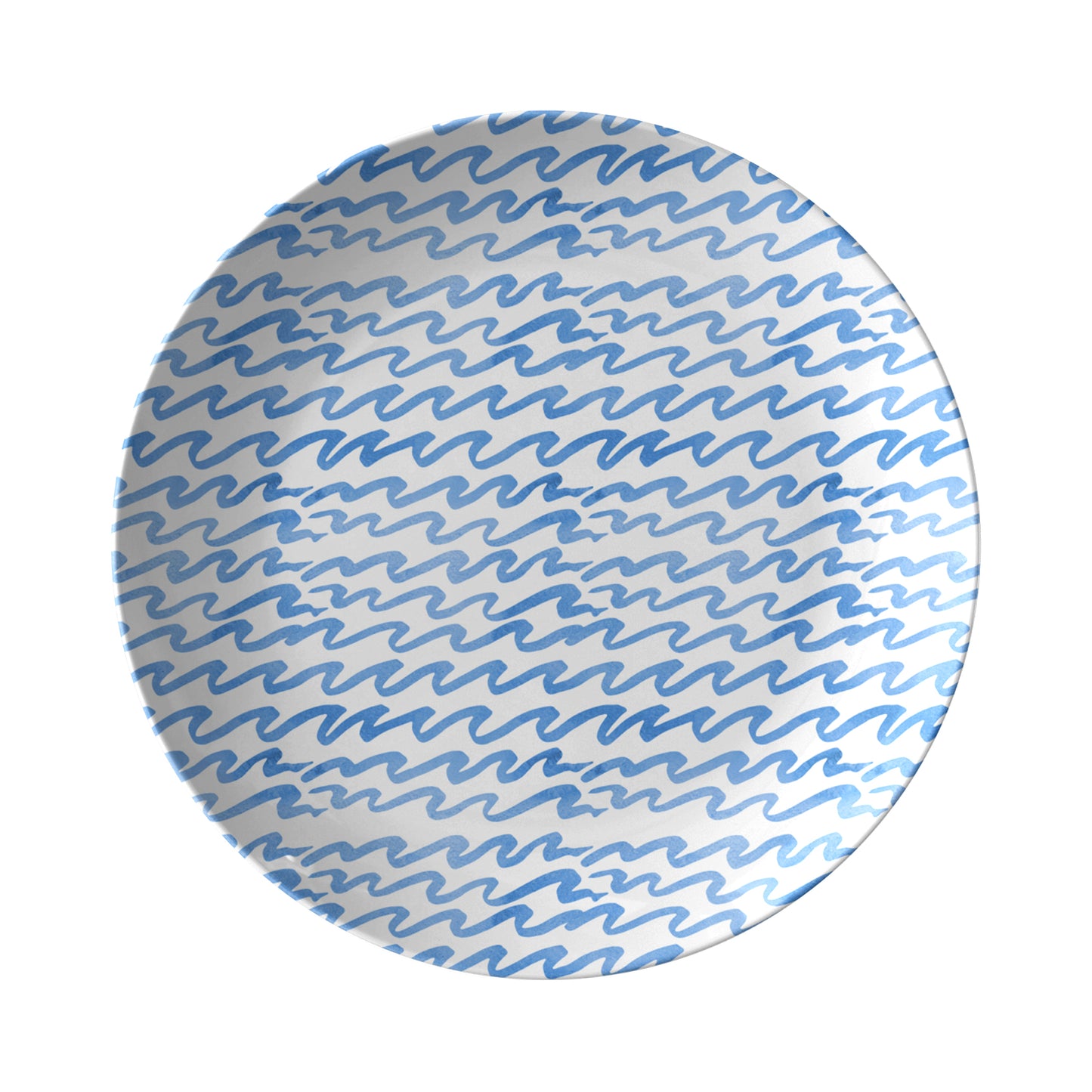 Round dinner plate with coastal blue wavy stipe pattern on a white background