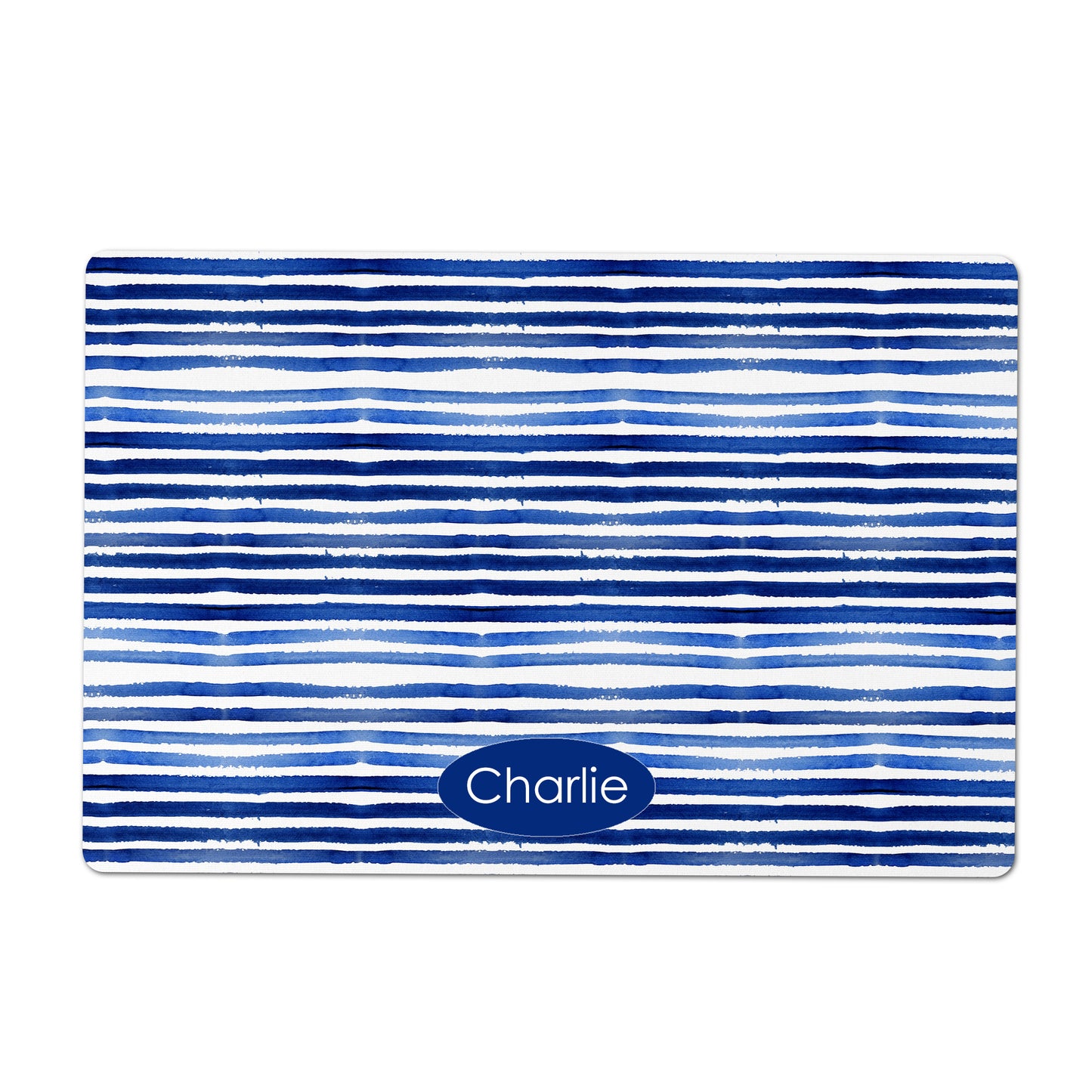 Personalized Pet Feeding Mat, Blue and White Watercolor Stripes