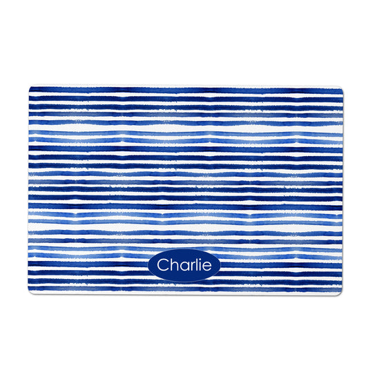 Personalized Pet Feeding Mat, Blue and White Watercolor Stripes