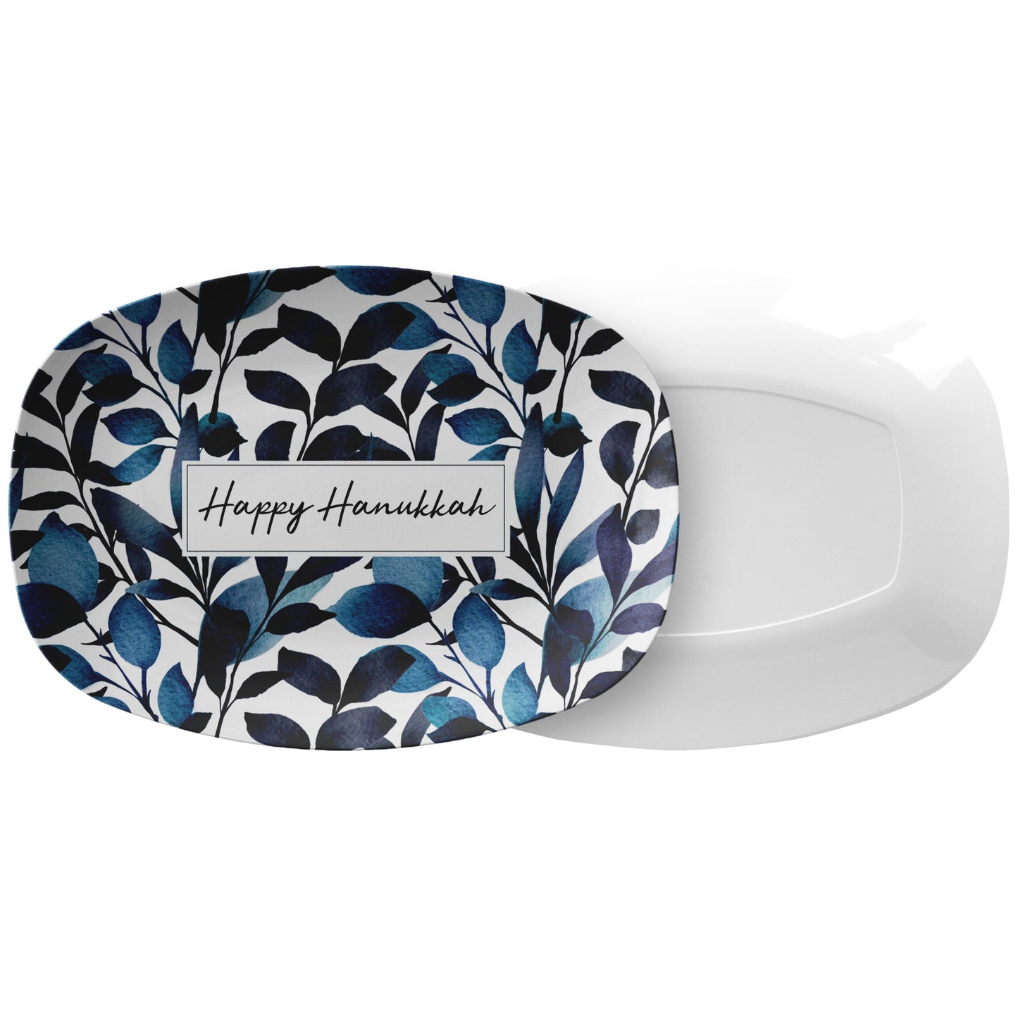 Personalized Serving Platter, Modern Watercolor Leaves, Blue and White, Luxury Plastic