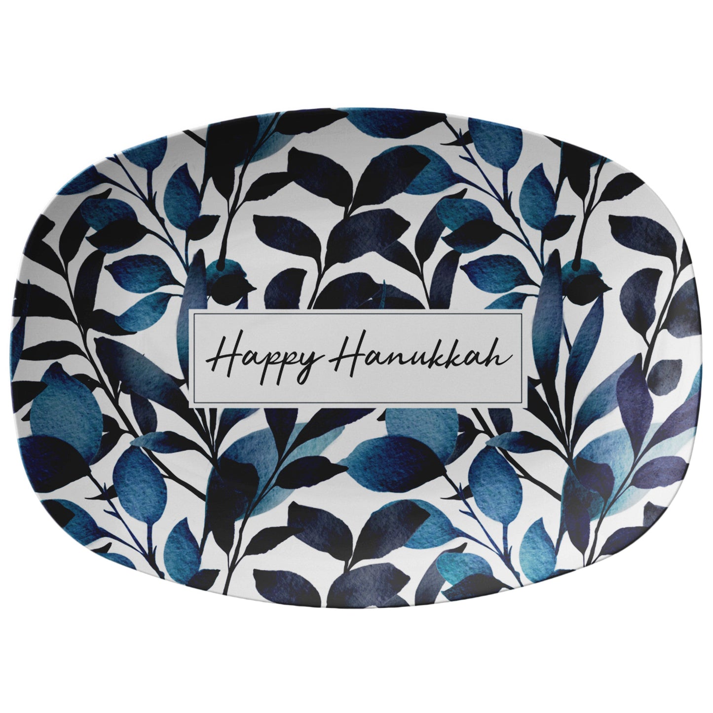 Personallized serving platter has gorgeous watercolor blue leaves, add any custom name, word or phrase.