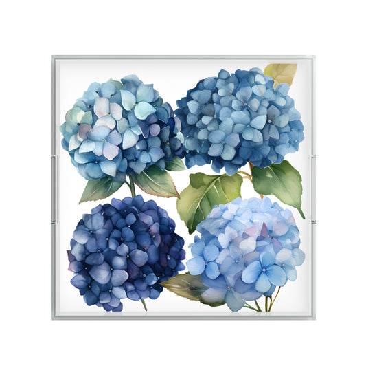 Blue Hydrangea Flower Tray, 12" X 12", Acrylic
