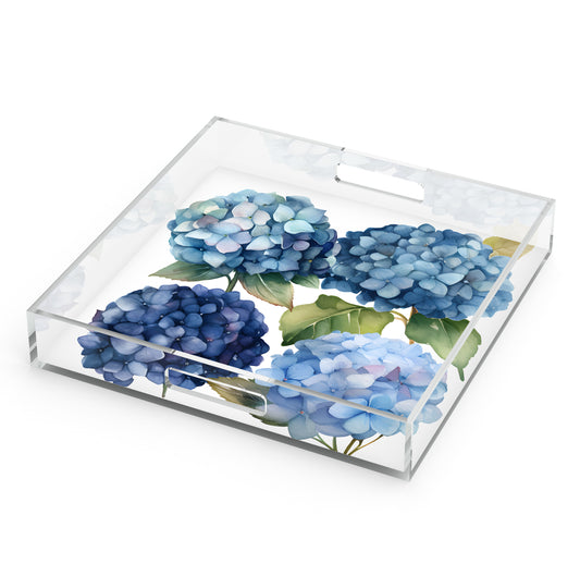 Blue flower tray with gorgeous hydrangeas.